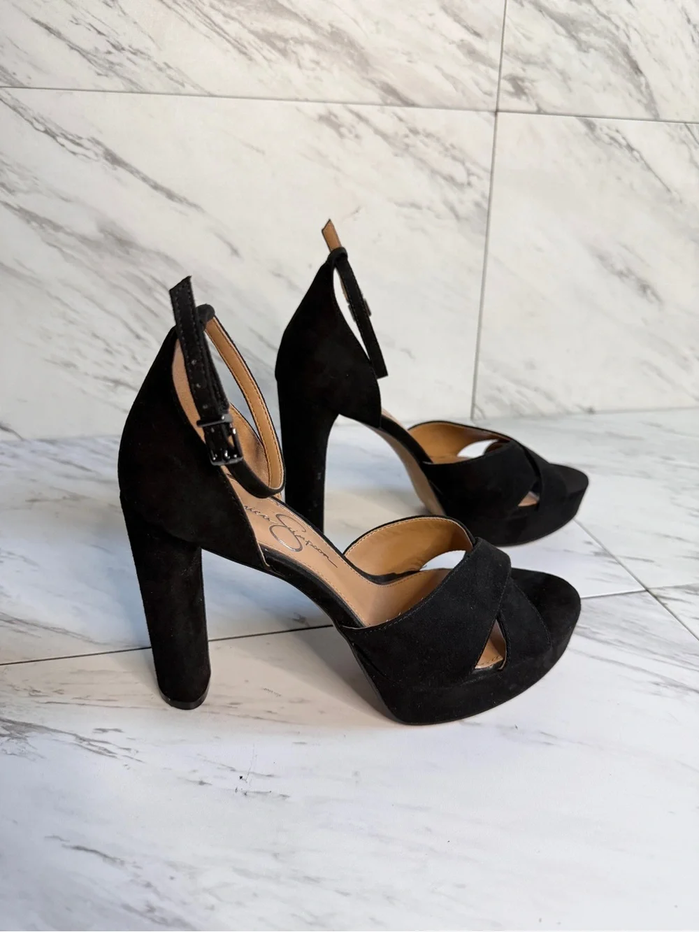 Jessica Simpson Irbella Black Suede Crisscross Platform Heels Ankle Strap 8M